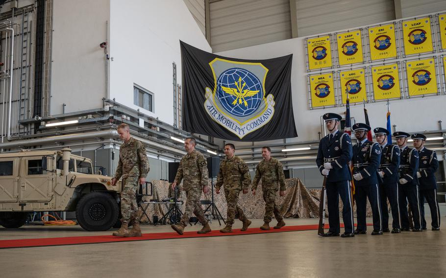 Maj. Gen. Derek France, the 3rd Air Force commander, enters a change of command ceremony at Ramstein Air Base, Germany, followed by colonels Bryan Callahan, Jason Chambers and Matthew Bartlett on June 9, 2023. During the ceremony, Callahan relinquished command of the 435th Air Ground Operations Wing and 435th Air Expeditionary Wing, and Bartlett took command of the 435th AGOW and Chambers of the newly established 406th Air Expeditionary Wing.