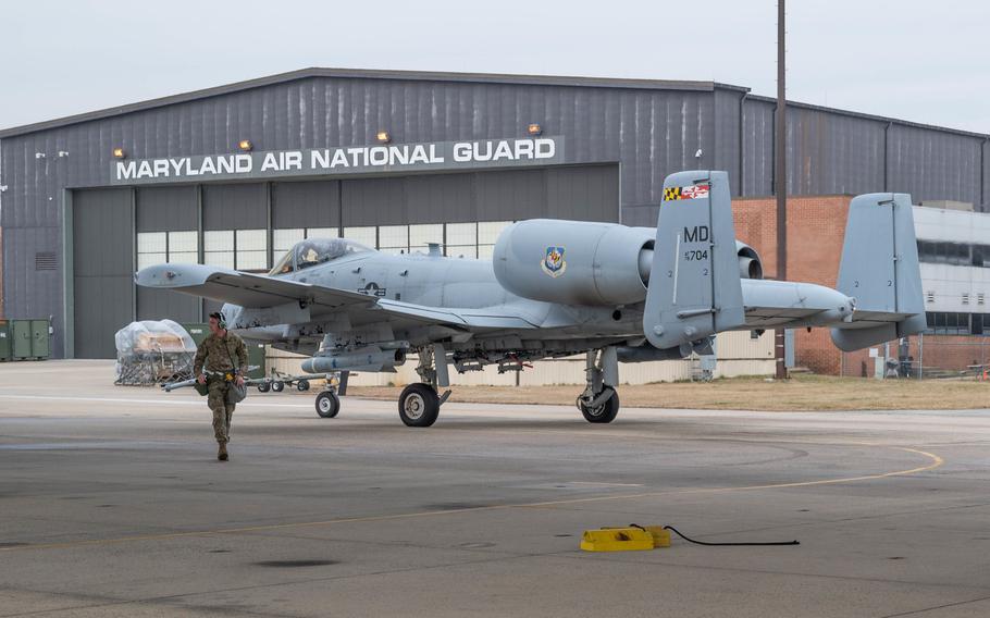 An A-10C Thunderbolt II assigned to the 175th Wing taxis to the flight line during a readiness exercise March 2, 2023, at Warfield Air National Guard Base at Martin State Airport, Md.