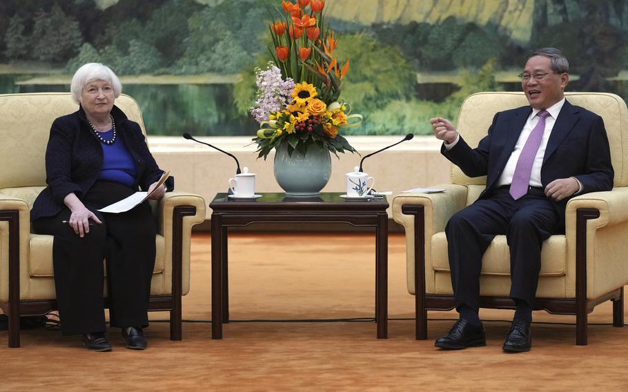 U.S. Treasury Secretary Janet Yellen meets with Chinese Premier Li Qiang in Beijing on April 7, 2024.