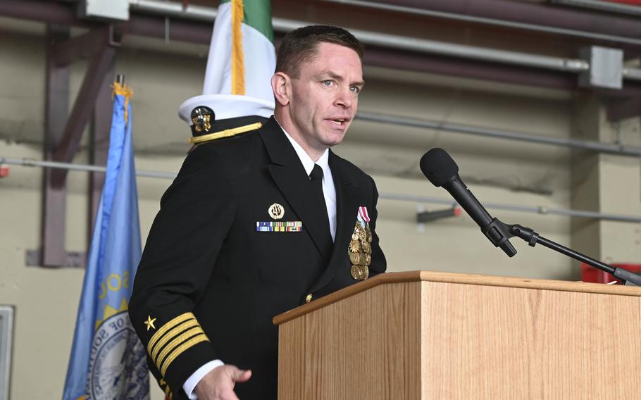 Capt. Aaron Shoemaker speaks during his first moments as base commander at Naval Air Station Sigonella, Italy, April 29, 2022. Shoemaker said he looked forward to command of the Hub of the Med as an important support location for units that serve at the front lines of national defense operations in the region.