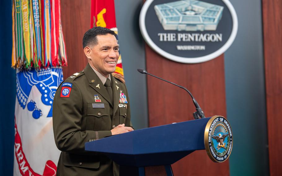 Army Col. Frank Rubio, a NASA astronaut, addresses the audience after receiving the Army Astronaut Device on Thursday, Feb. 22, 2024, during a ceremony at the Pentagon. Rubio holds the U.S. record for the most days in space for a single spaceflight, serving 371 days aboard the International Space Station. 