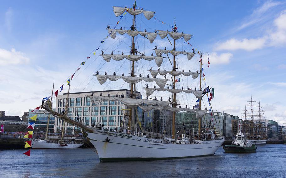 The Cuauhtemoc, a sailed training vessel of the Mexican navy, sails in water near Dublin, Ireland.