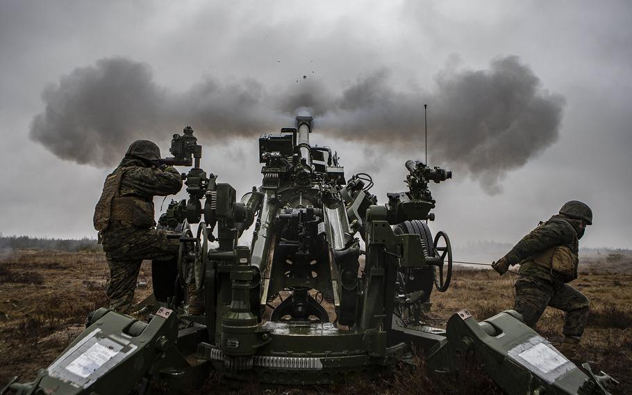 U.S. Marines fire a M777 howitzer during a military exercise at Adazi Training Area in Latvia. 