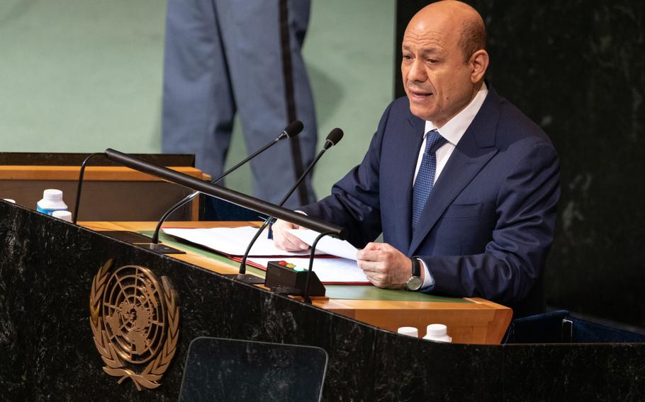 Rashad Al-Alim of the Yemeni Presidential Leadership Council speaks during the United Nations General Assembly in New York on Sept. 22, 2022. 