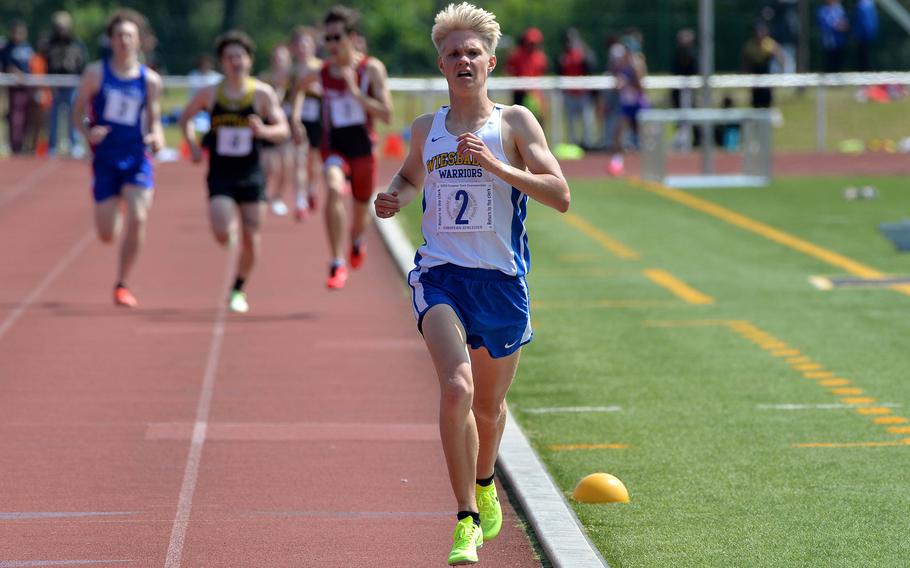 A day after setting a record in the 3200-meter race Wiesbaden’s Luke Jones took the gold in the 1600-meter event at the DODEA-Europe track and field championships in Kaiserslautern, Germany, May 20, 2023, winning in 4 minutes, 29.36 seconds