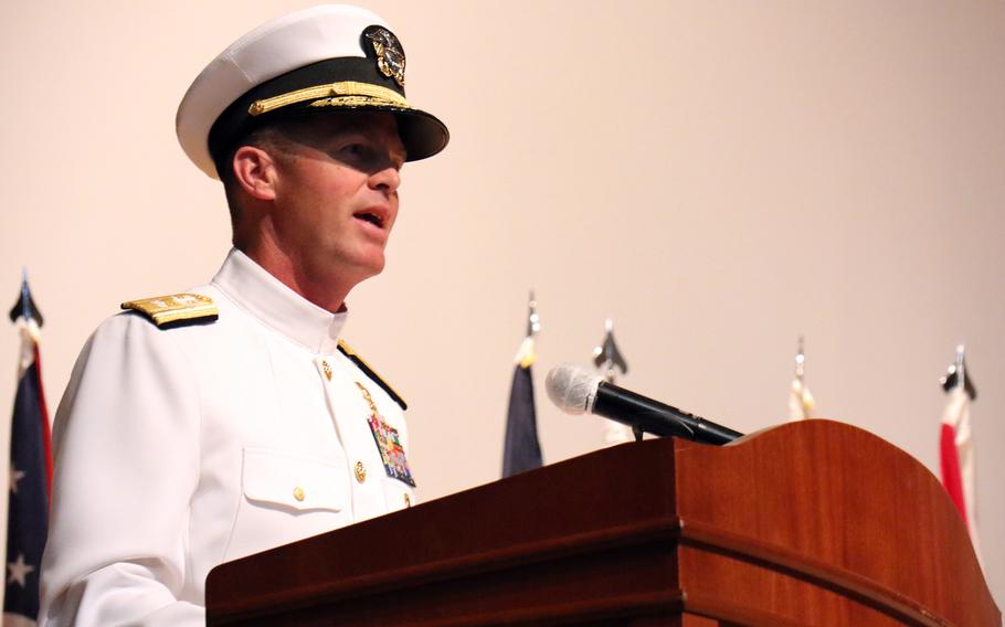 Rear Adm. Mark Schafer bids farewell to Naval Forces Korea during a change-of-command ceremony at Naval Fleet Headquarters in Busan, South Korea, Thursday, June 8, 2023.