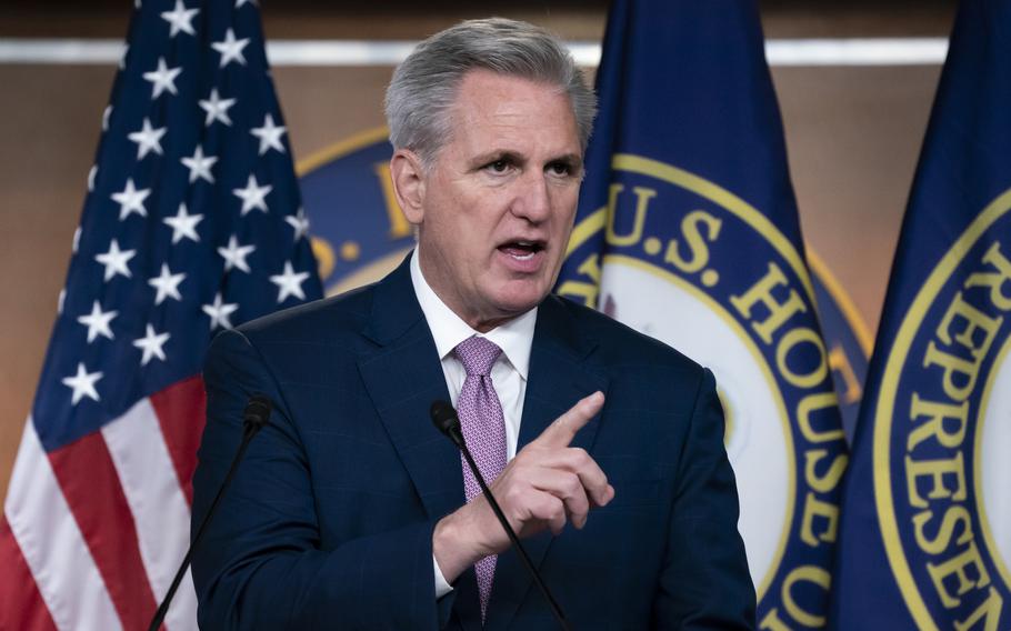 House Republican Leader Kevin McCarthy, R-Calif., speaks to reporters at his weekly news conference, at the Capitol in Washington, March 18, 2022. 