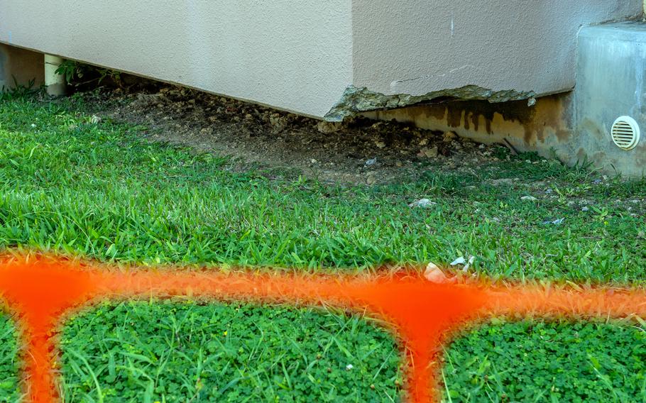Spalling concrete is seen at housing tower 1087 on Camp Kinser, Okinawa, Aug. 20, 2025.