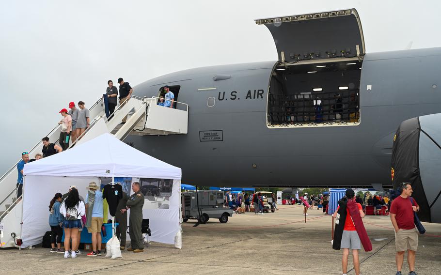 Spectators view and exit a KC-46A Pegasus aerial refueler at The Great Texas Airshow, Saturday, April 6, 2024, at Joint Base San Antonio-Randolph, Texas. The KC-46A aerial refueler and transporter plays a key role in the mobilization of U.S. military assets, taking part in overseas operations far from home. 