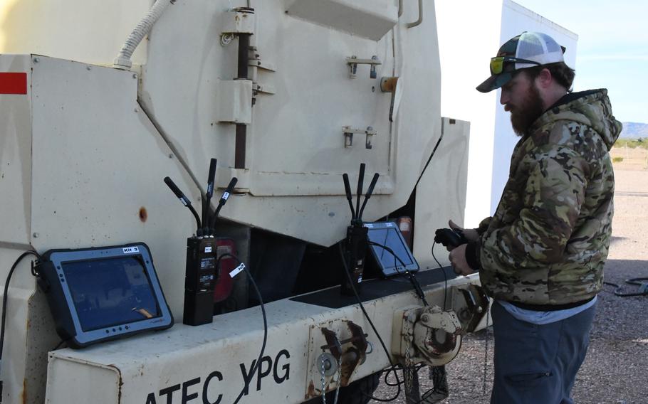 Tablets are used to see what the robots’ 4k cameras are sending back and provide sharp color images. This is vital when looking for signs of arming, which include color of lights and parts out of place. Ammunition Recovery Technician Brittan Forster is pictured operating the robots.