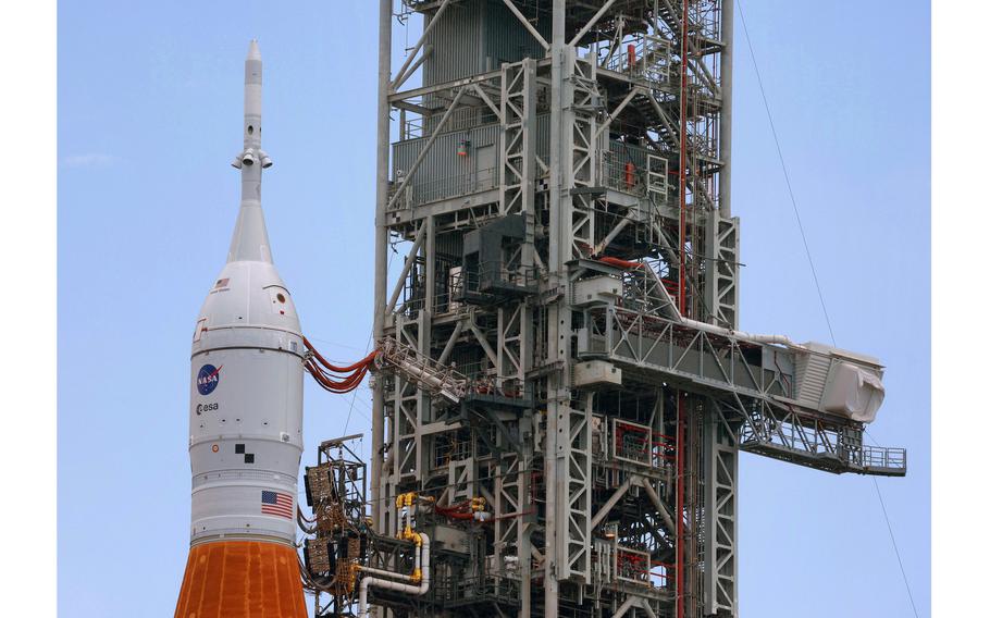 Artemis I — the NASA moonshot rocket — stands at launch pad 39-B at Kennedy Space Center, Fla., Monday, June 6, 2022. The 322-foot-tall rocket stack includes the Orion spacecraft and made the 4.4-mile journey from the Vehicle Assembly Building to the pad in 11 hours. 