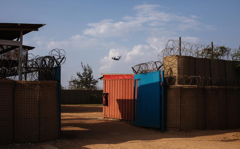 A U.S. Osprey aircraft over at the Baledogle Military Air Base in Somalia on Nov. 16. MUST CREDIT: Photo for The Washington Post by Malin Fezehai.