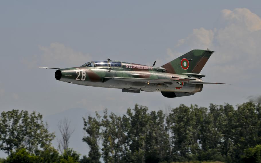 A Bulgarian MiG-21 in the air. 