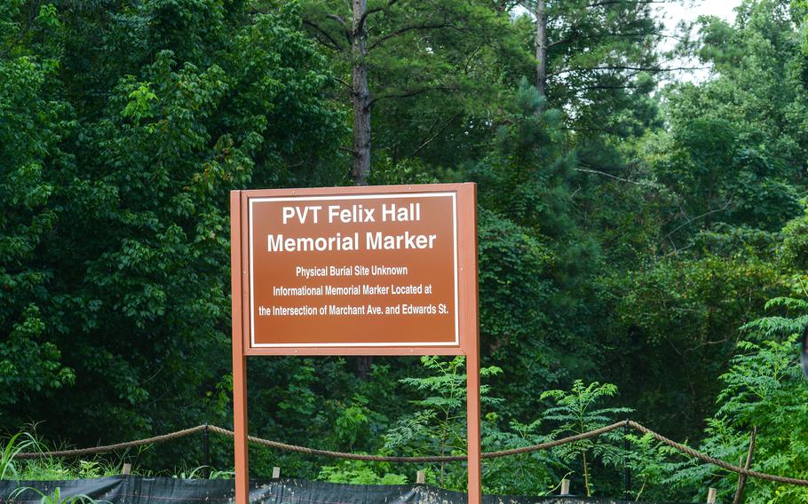 A temporary marker at Fort Benning, Ga. shows the approximate location Army Pvt. Felix Hall’s body was found lynched about six weeks after he disappeared Feb. 12, 1941. Army officials plan to place a permanent, cement marker at the cite in the near future.