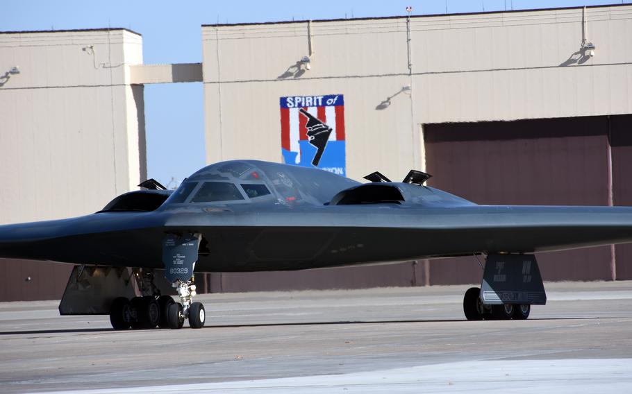 A B-2 Spirit from the 131st Bomb Wing returns to Whiteman Air Force Base, Mo., Feb. 25, 2018.