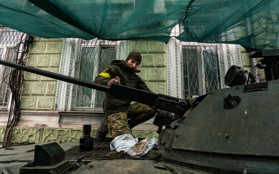 A Ukrainian soldier atop a tank in Odesa on March 5. 