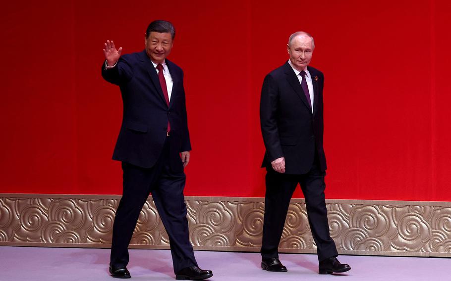 Russia’s President Vladimir Putin and China’s President Xi Jinping in Beijing on May 16, 2024. 