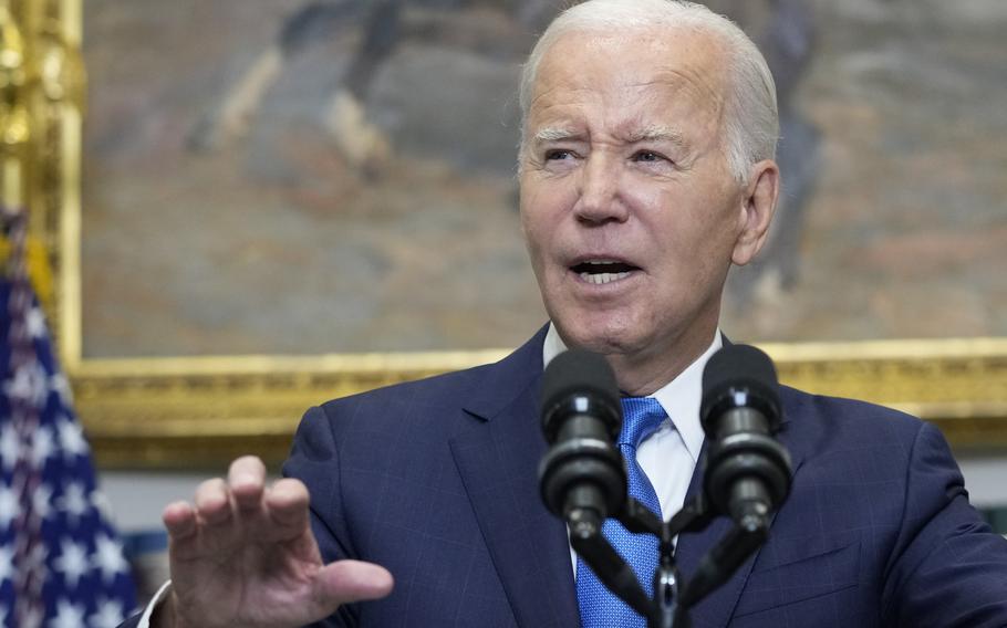 President Joe Biden speaks about the auto workers strike from the Roosevelt Room of the White House in Washington, Friday, Sept. 15, 2023. 