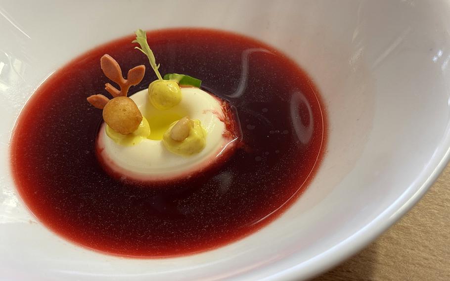 A creamy garnish becomes the star as warm beet broth is poured over it tableside at Vicino in Kaiserslautern.