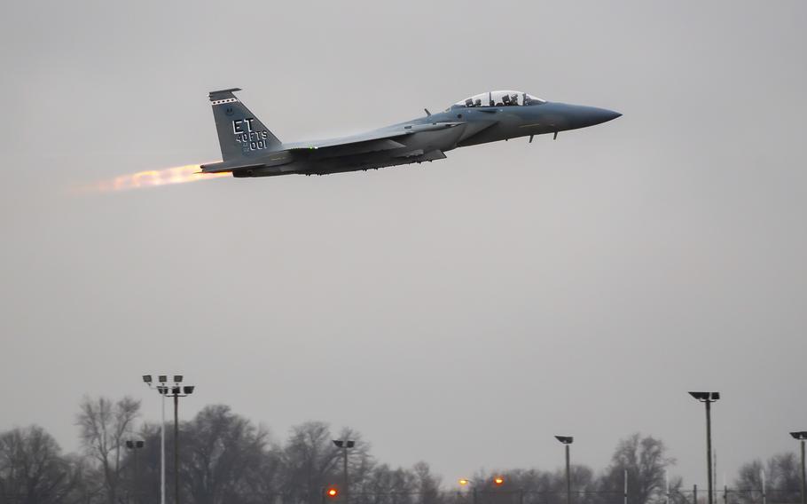 A F-15EX Eagle II fighter jet takes off from Eglin Air Force Base in Florida. 