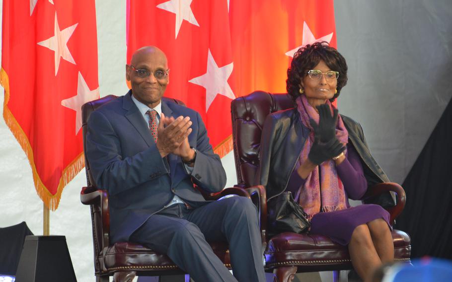 The children of Lt. Col. Charity Adams, Stanley and Judith Earley, on stage during a renaming ceremony at Fort Lee, Va., honoring their mother. Fort Lee was renamed Fort Gregg-Adams on Thursday, April 27, 2023, in honor of Adams and Lt. Gen. Arthur Gregg, two Black Army officers who helped pave the way for an integrated military.  