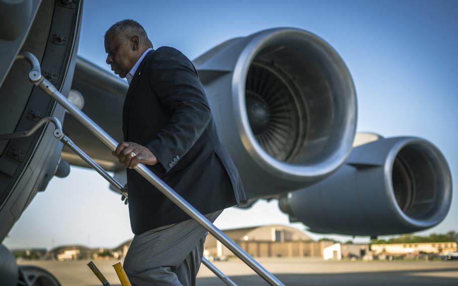 Defense Secretary Lloyd Austin departs Joint Base Andrews, Md., for Stockholm, Sweden, on April 18, 2023.