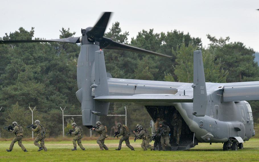 Special operations forces storm a US Air Force CV-22 Osprey during an exercise hosted by US Special Operations Command Europe in Baumholder, Germany in 2014. Preparatory work is underway to turn Baumholder into a hub for US special operations forces in Europe. 