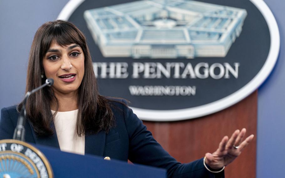 Deputy Pentagon Press Secretary Sabrina Singh speaks Friday, Nov. 4, 2022, at a news conference at the Pentagon.