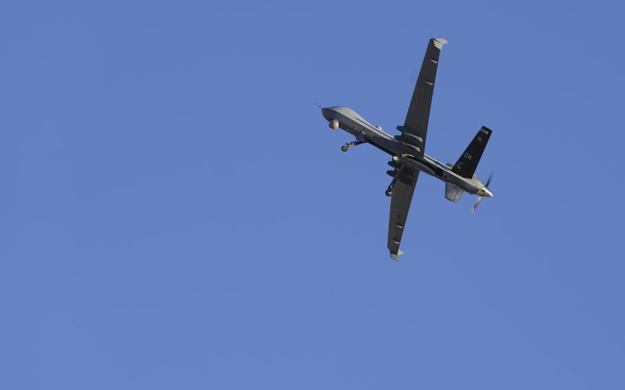 A MQ-9 Reaper drone takes off at Creech Air Force Base, Nev., on Oct. 19, 2023. 