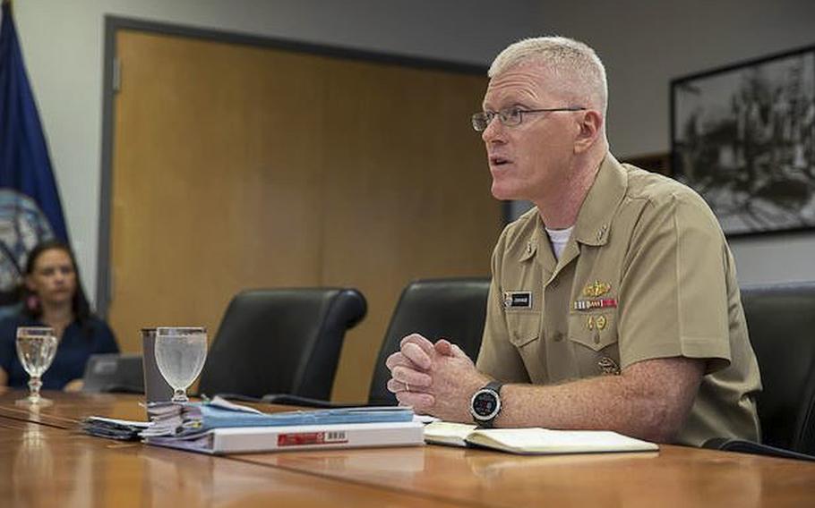 U.S. Navy Rear Adm. John Wade, Joint Task Force-Red Hill (JTF-RH) Commander, introduces himself to the Fuel Tank Advisory Committee (FTAC) held virtually onboard Joint Base Pearl Harbor-Hickam, Hawaii, Nov. 9, 2022.
 