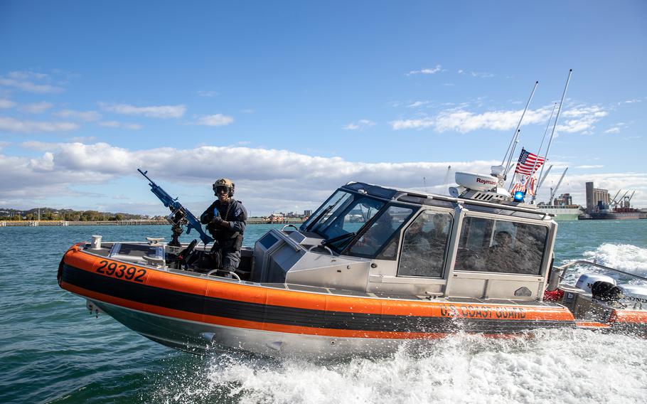 Members of the U.S. Coast Guard's 312th Port Security Unit patrol Gladstone Harbor, Australia, July 26, 2023.