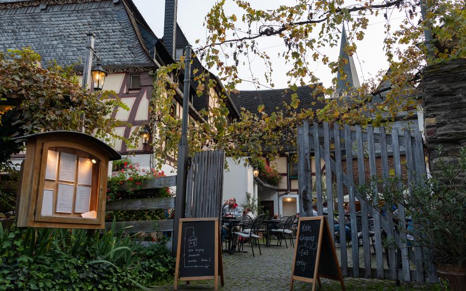 A meal at one of the numerous restaurants in Bacharach, Germany, can be an excellent way to end a day of castle rambling.