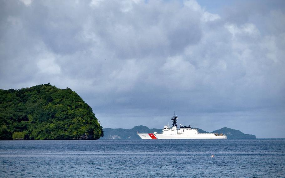 The U.S. Coast Guard cutter Stratton pulls into Apra Harbor.