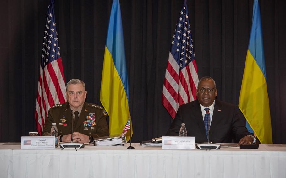 U.S. Army Gen. Mark Milley, the chairman of the Joint Chiefs of Staff, and U.S. Defense Secretary Lloyd Austin attend the Ukrainian Defense Contact Group meeting at Ramstein Air Base, Germany, Sept. 8, 2022. Officials from about 50 nations gathered at the base and virtually to discuss Ukraine-related security issues.
