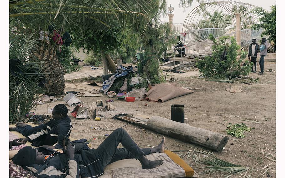 Migrants from Sudan living in a makeshift camp in a park in Sfax, Tunisia, on May 30, 2023.