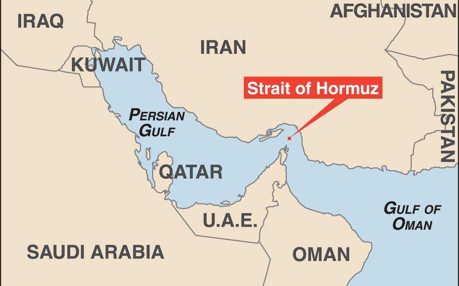 A map showing the Persian Gulf, the Strait of Hormuz and the Gulf of Oman and the neighboring countries.
