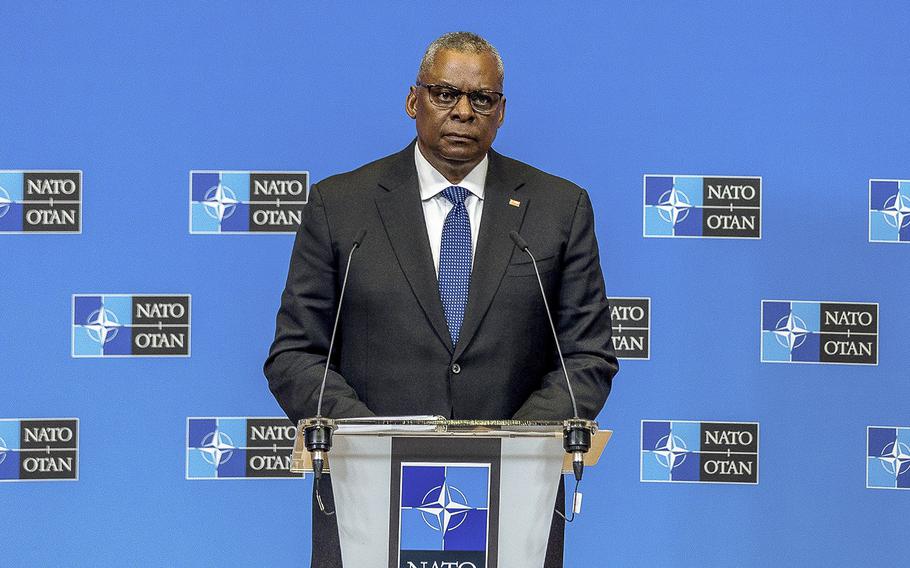 U.S. Secretary of Defense Lloyd Austin attends a briefing during the second of two days of defense ministers’ meetings at NATO headquarters on Thursday, Oct. 13, 2022, in Brussels, Belgium.