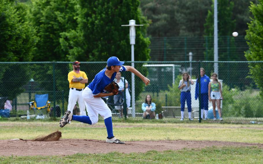 Ramstein Royals’ starting pitcher Conor McGinty throws a pitch during the Division I title game in the 2022 DODEA-Europe baseball championships.