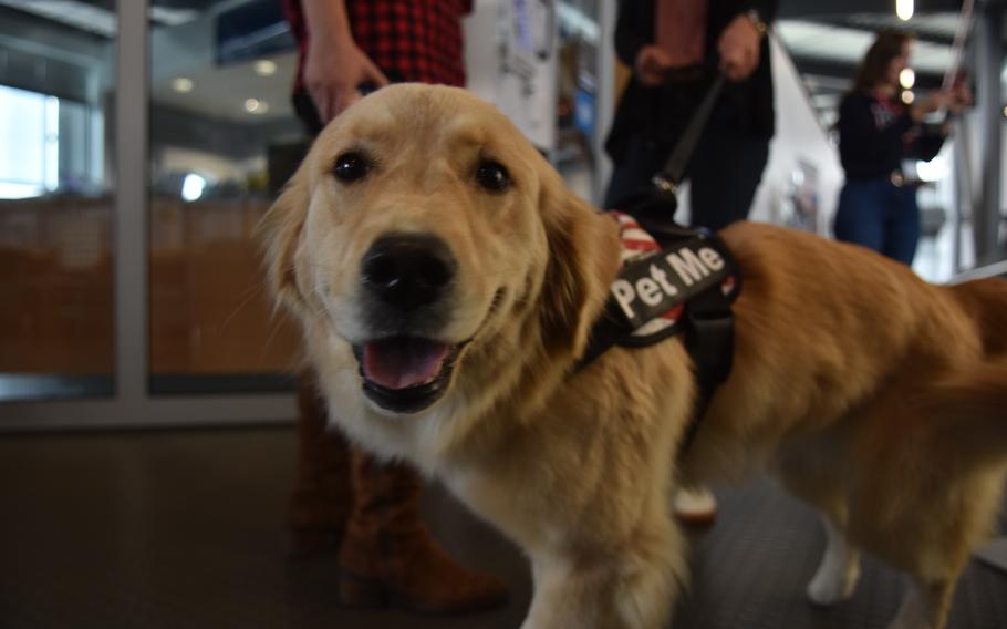 Emma is all smiles while visiting with U.S. service members at the USO center inside the passenger terminal at Ramstein Air Base, Germany, on Oct. 18, 2023. Emma and her older sister, Ellie, both social media stars, have been visiting U.S. troops in Poland and Germany.