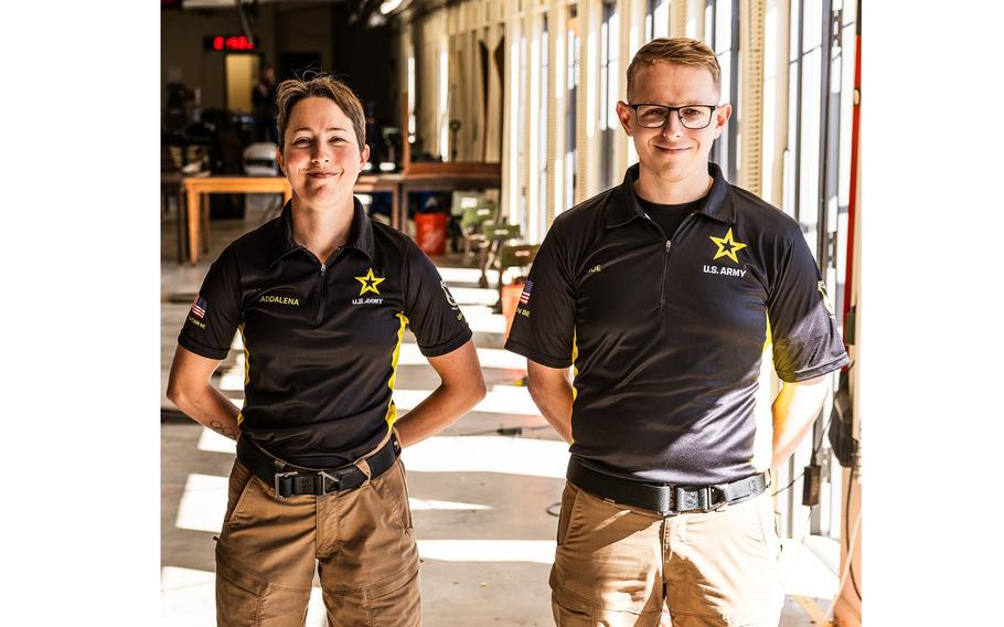 Army Sgts. Sagen Maddalena and Ivan Roe teamed up in the 10-meter air rifle mixed team event during the 2024 Paris Olympics on Saturday, July 27, 2024, at the Chateauroux Shooting Centre in Deols, France. 
