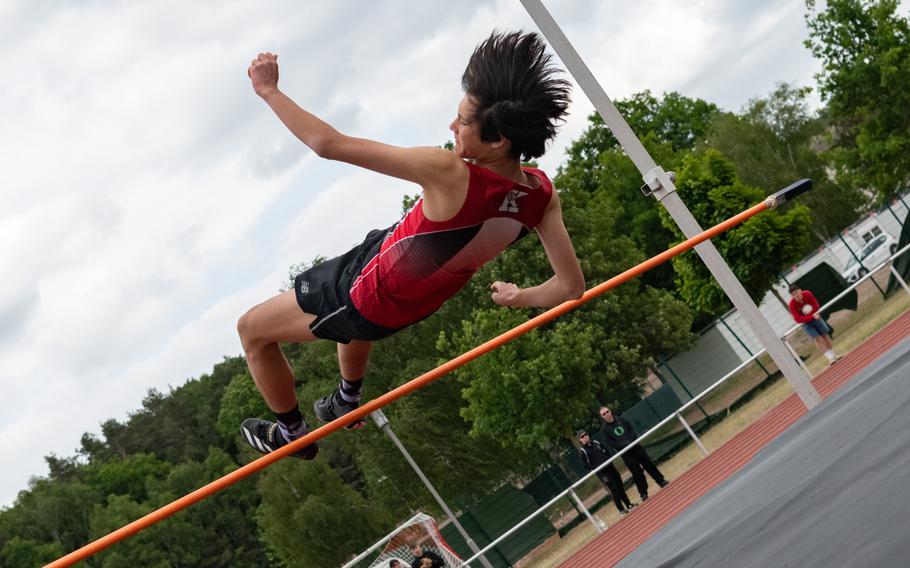 Leo Schell of Kaiserslautern High School placed second in the boys high jump at the 2025 DODEA European Track and Field Championships on May 22, 2025.