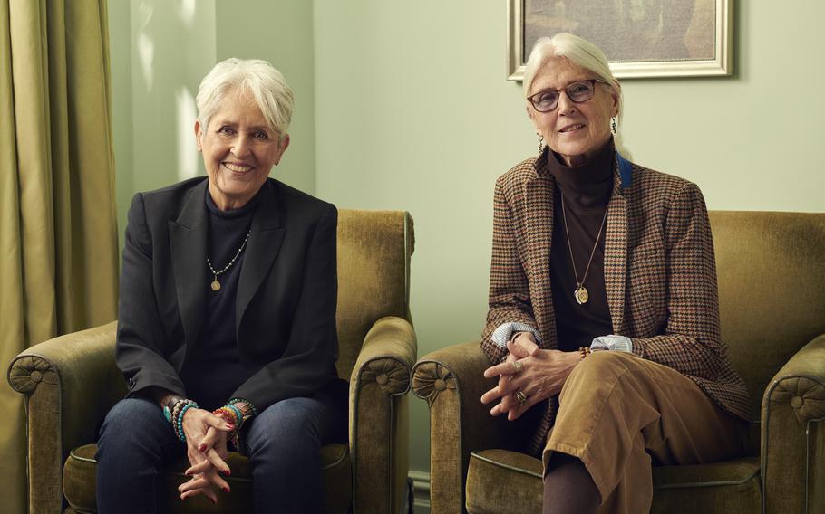 Joan Baez and filmmaker Karen O'Connor in New York City on Nov. 7.