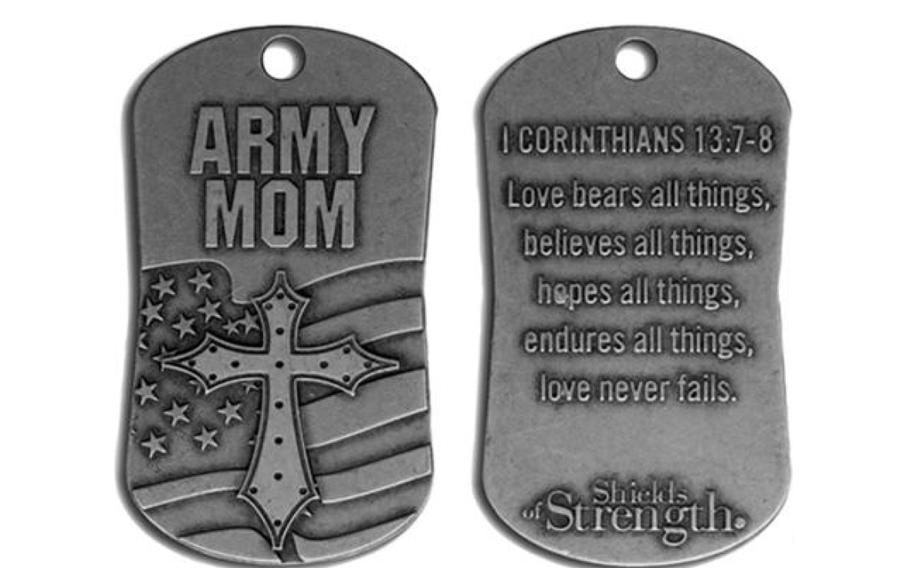 A Shields of Strength nameplate with “Army Mom” on one side and a Bible verse on the other.  A multi-year dispute over the use of licensed military logos on replica religious-themed nameplates has resulted in a federal lawsuit against the Department of Defense. 