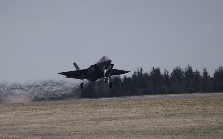 A U.S. Air Force F-35A Lightning II takes off at Spangdahlem Air Base, Germany, on Feb. 24, 2022. The first German-owned F-35s are expected to take to the skies in 2027, the country’s senior air force official said this week.