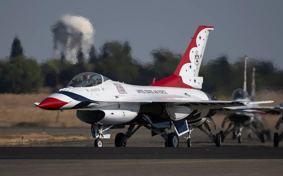 The U.S. Air Force Thunderbirds taxi after performing at the California Capital Airshow on Sept. 24, 2023, at Mather Airport.