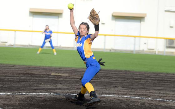 Yokota senior right-hander Erica Haas delivers against Kadena.