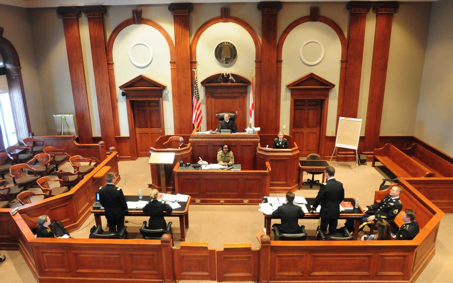 A training exercise in August 2018 of the 167th Theater Sustainment Command Judge Advocate General at the Calhoun County Courthouse in Anniston, Ala. 