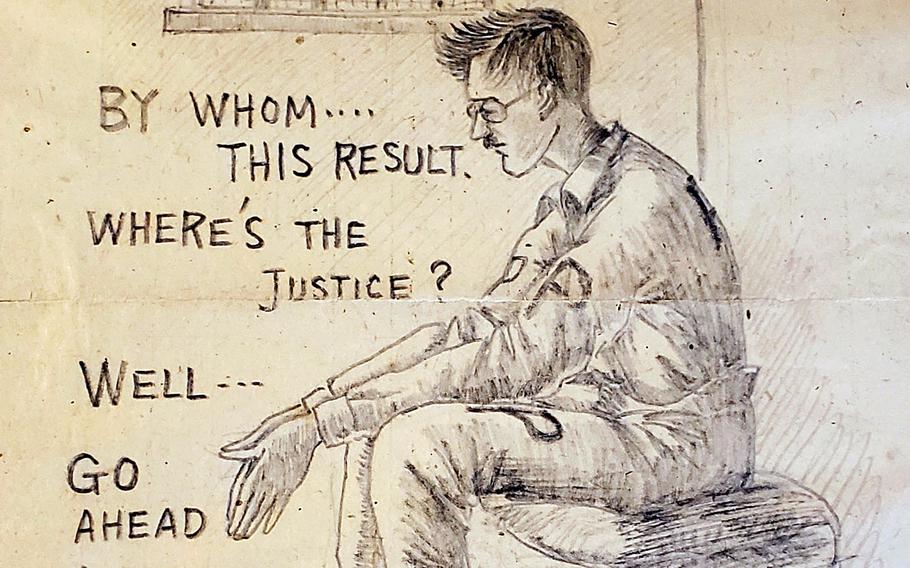 A photograph of a sketch drawn in Sugamo Prison by Shichiro Matake, a Japanese military doctor convicted, and later acquited, of war crimes against U.S. soldiers during World War II.