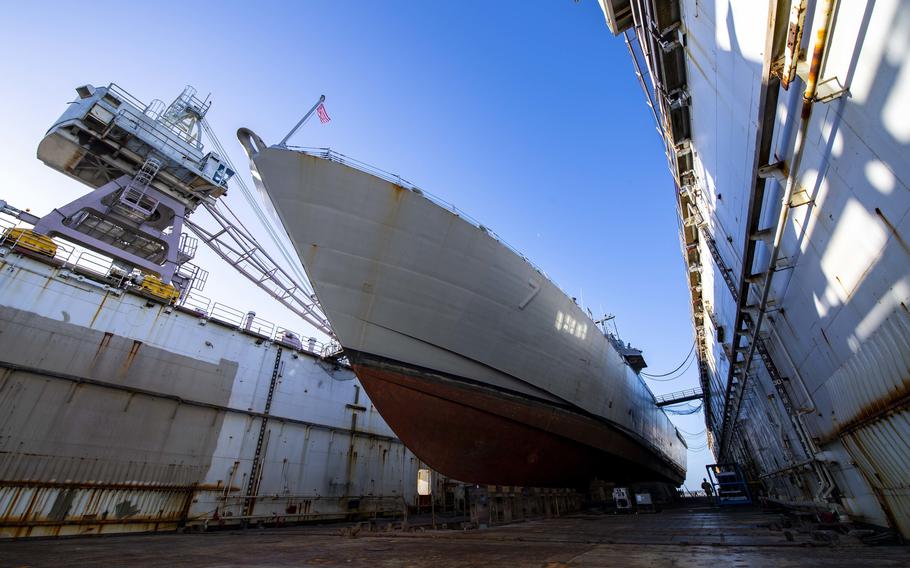 The Freedom-class littoral combat ship USS Detroit receives regularly scheduled maintenance and upkeep during a scheduled dry-dock maintenance availability phase at BAE Systems shipyard in Jacksonville, Fla., March 29, 2019.