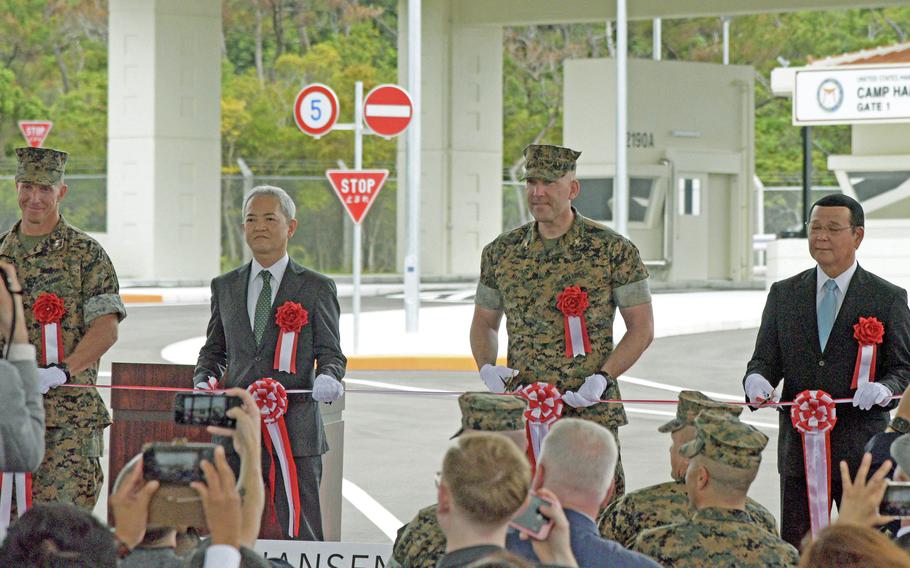 The Marine Corps dedicates a new $123 million main gate complex at Camp Hansen, Okinawa, Wednesday, March 22, 2023.